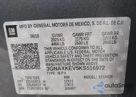 2019 Chevrolet Equinox Lt из США, поврежденный, VIN 3GNAXKEV5KS516972